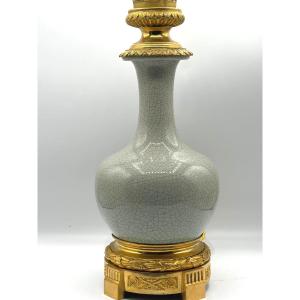 Lamp In Crackled Celadon Porcelain. Napoleon 3 Period