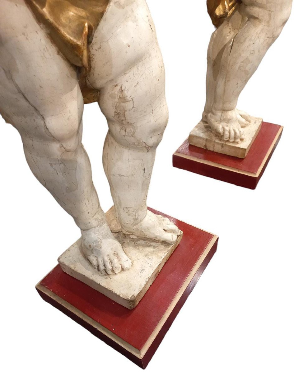 Pair Of Standing Cherubs In "faux Marble" And Gold Lacquered Wood-photo-1