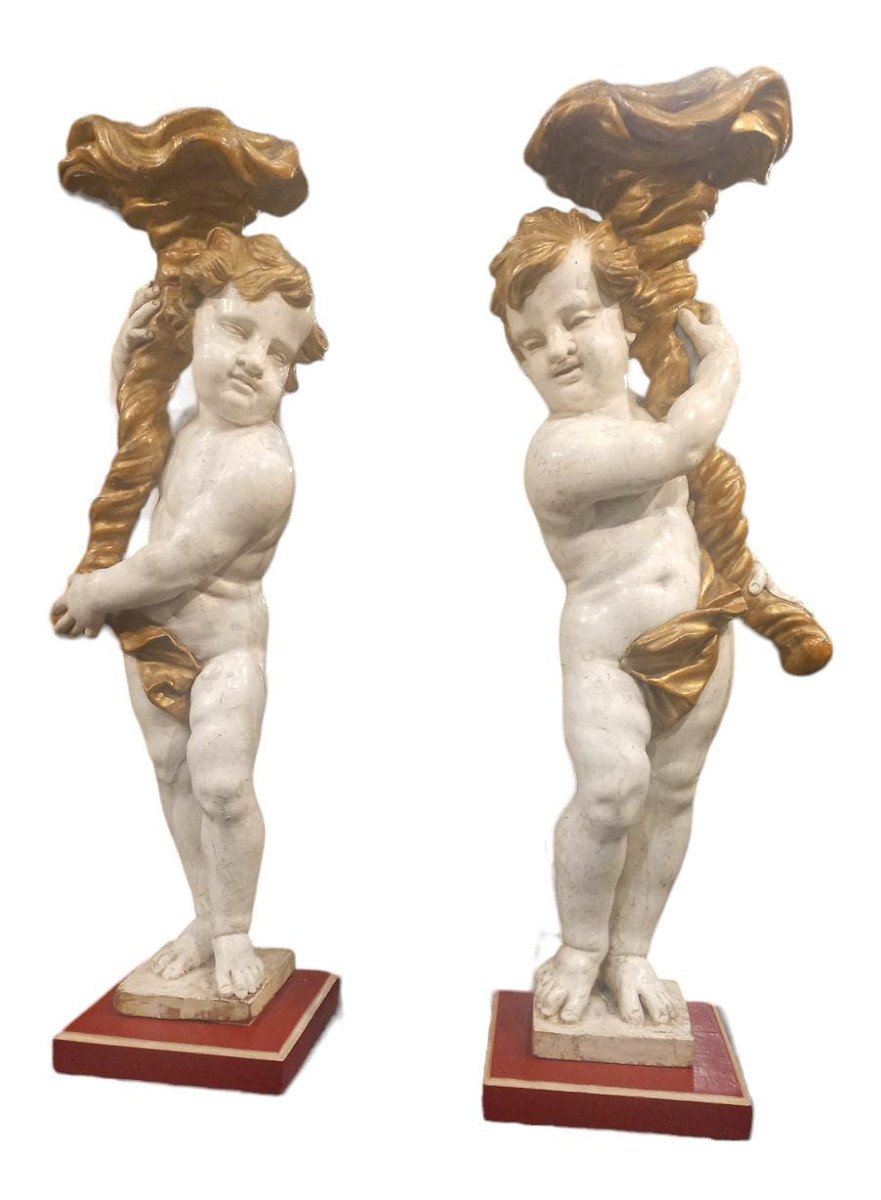 Pair Of Standing Cherubs In "faux Marble" And Gold Lacquered Wood