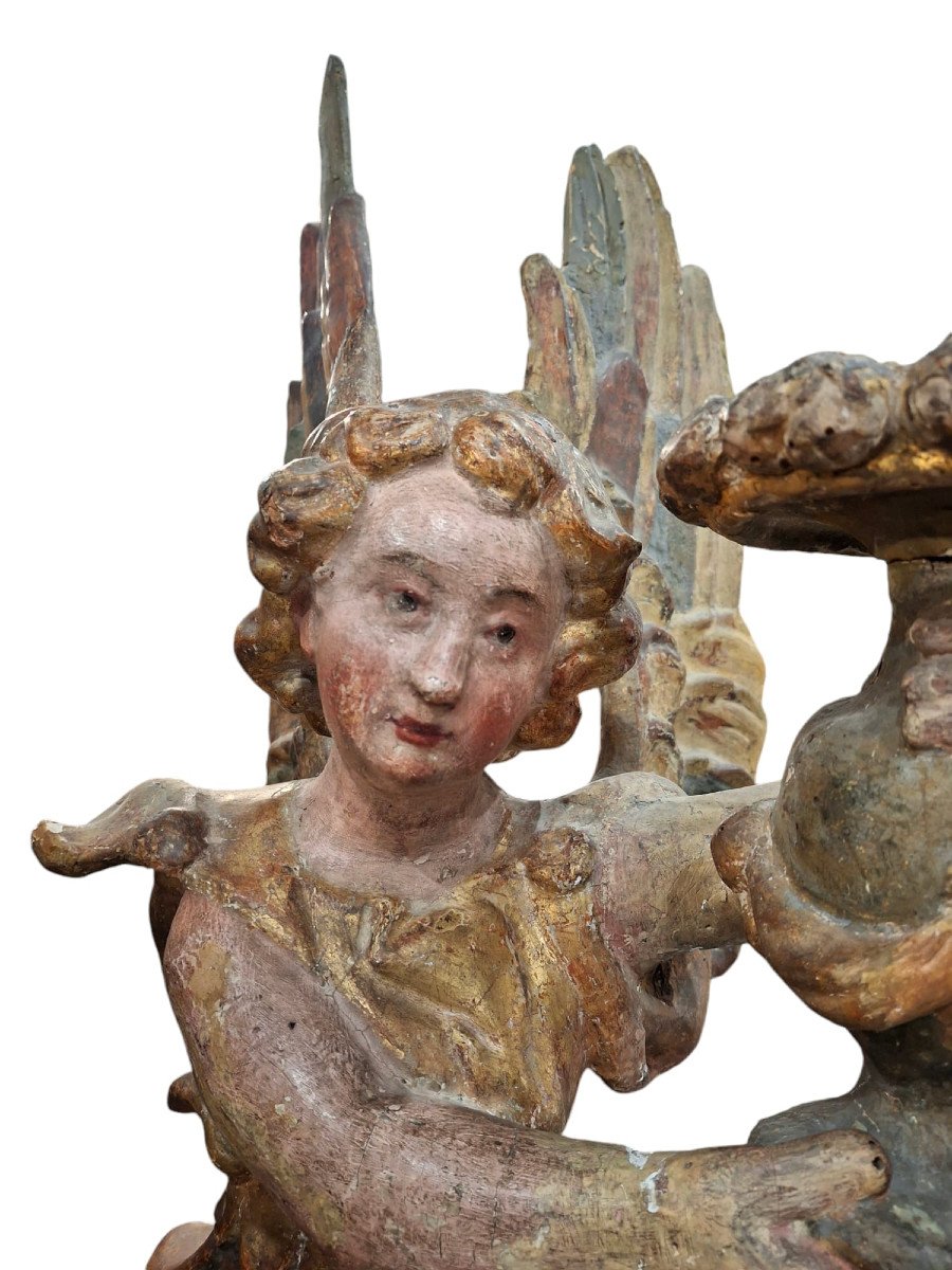 Pair Of Kneeling Candle-holding Angels In Carved-photo-2