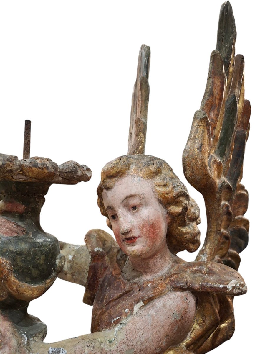 Pair Of Kneeling Candle-holding Angels In Carved-photo-3