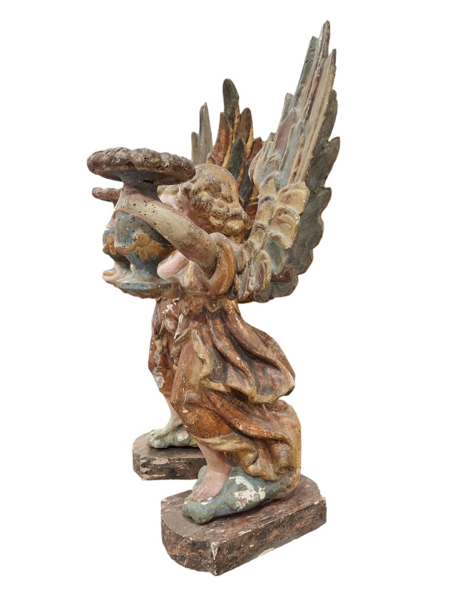 Pair Of Kneeling Candle-holding Angels In Carved-photo-3