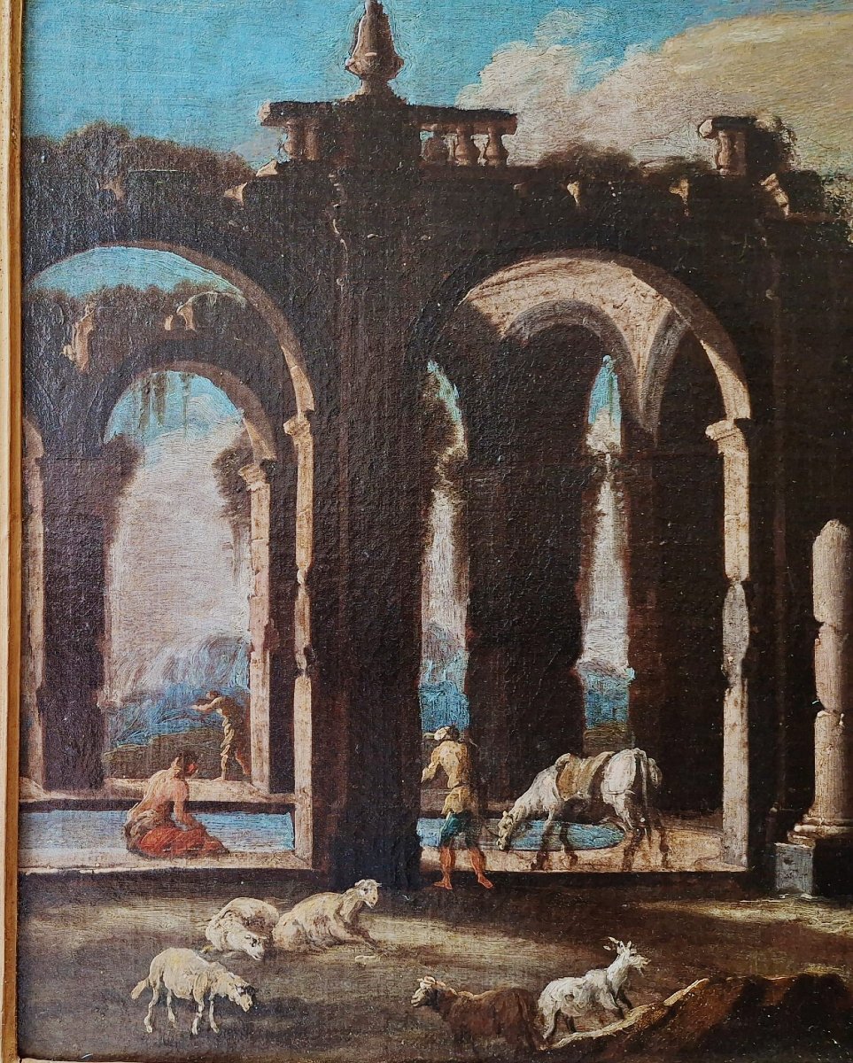 Paire De Caprices Architecturaux Avec Personnages Et Animaux-photo-3