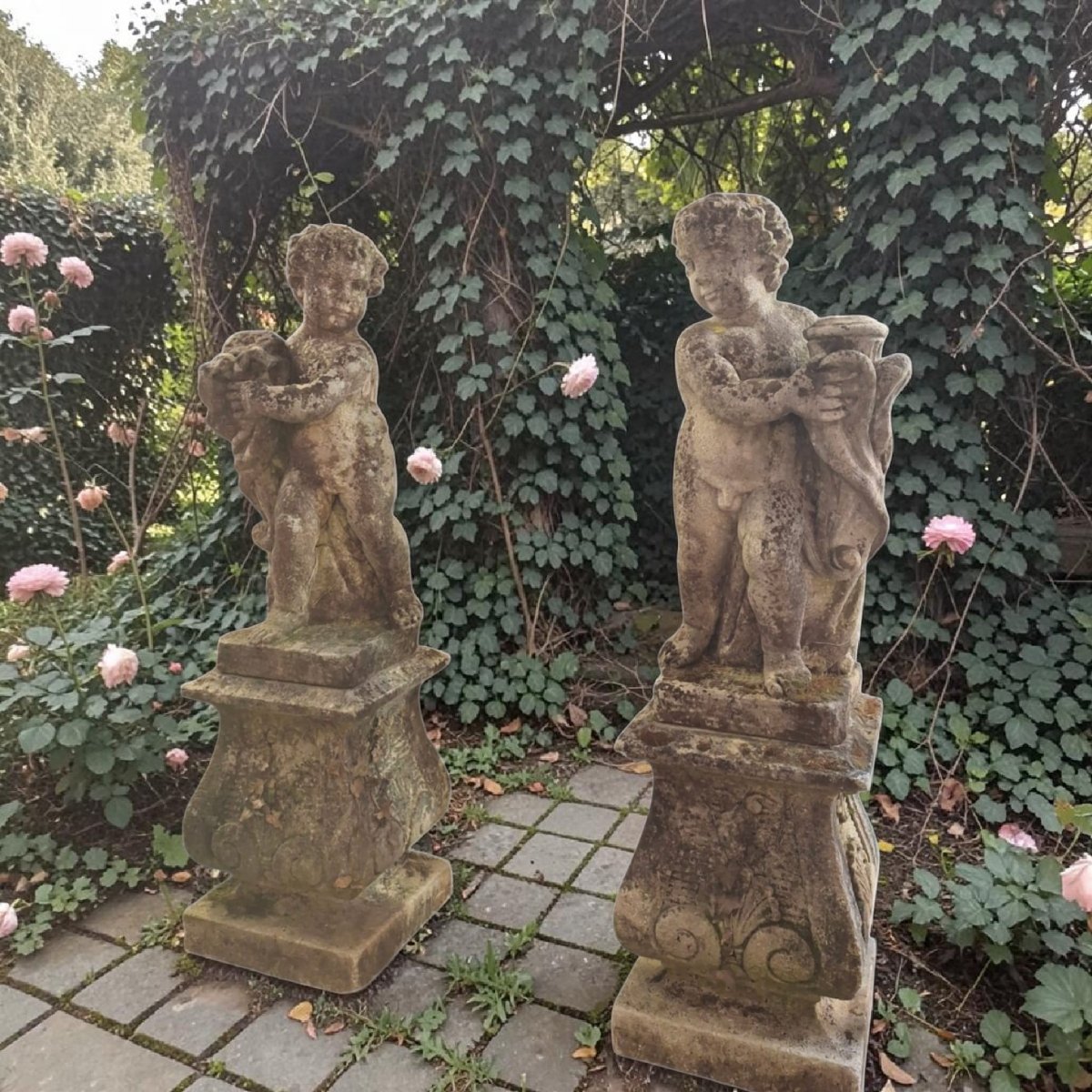 Pair Of Vicenza Stone Cherubs With Bases-photo-4