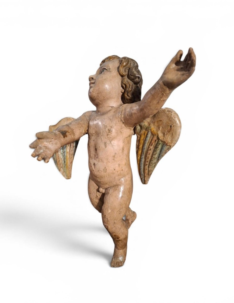 Paire d'anges aux ailes mobiles en bois laqué-photo-2