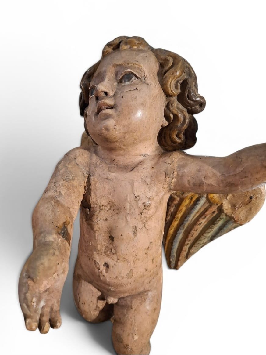 Paire d'anges aux ailes mobiles en bois laqué-photo-3