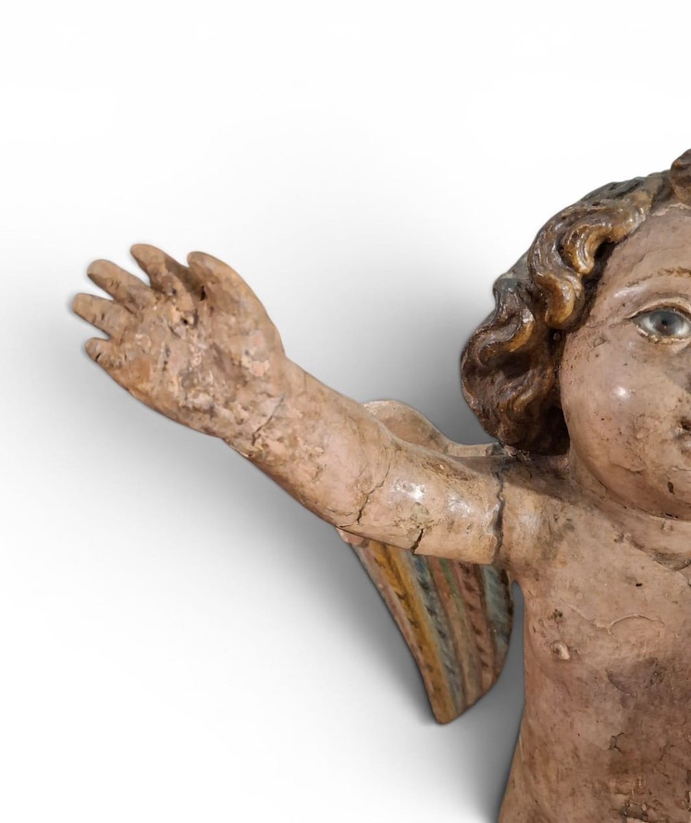 Paire d'anges aux ailes mobiles en bois laqué-photo-4