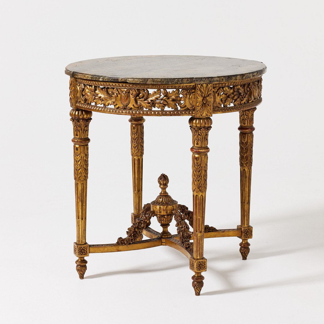 Round, Carved Side Table Made Of Gilded Wood