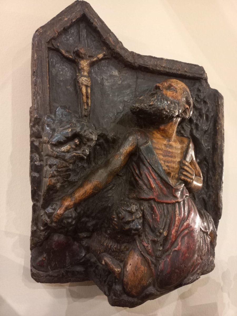 St. Jerome The Penitent, High Relief In Lacquered Wood-photo-2