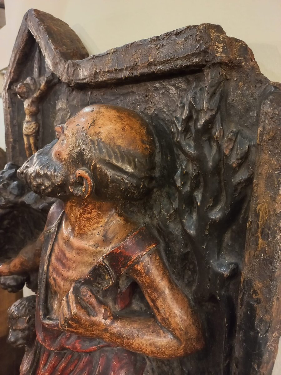 St. Jerome The Penitent, High Relief In Lacquered Wood-photo-3