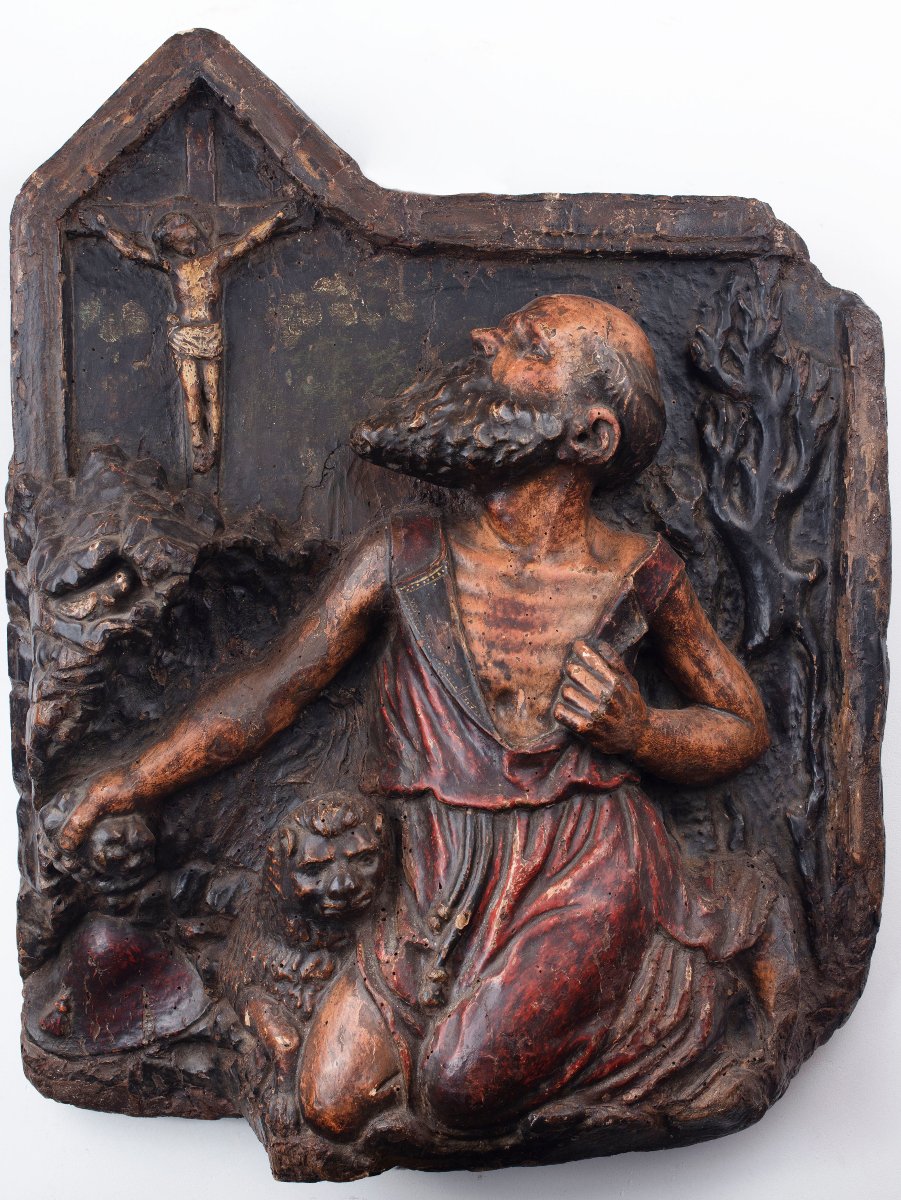 St. Jerome The Penitent, High Relief In Lacquered Wood