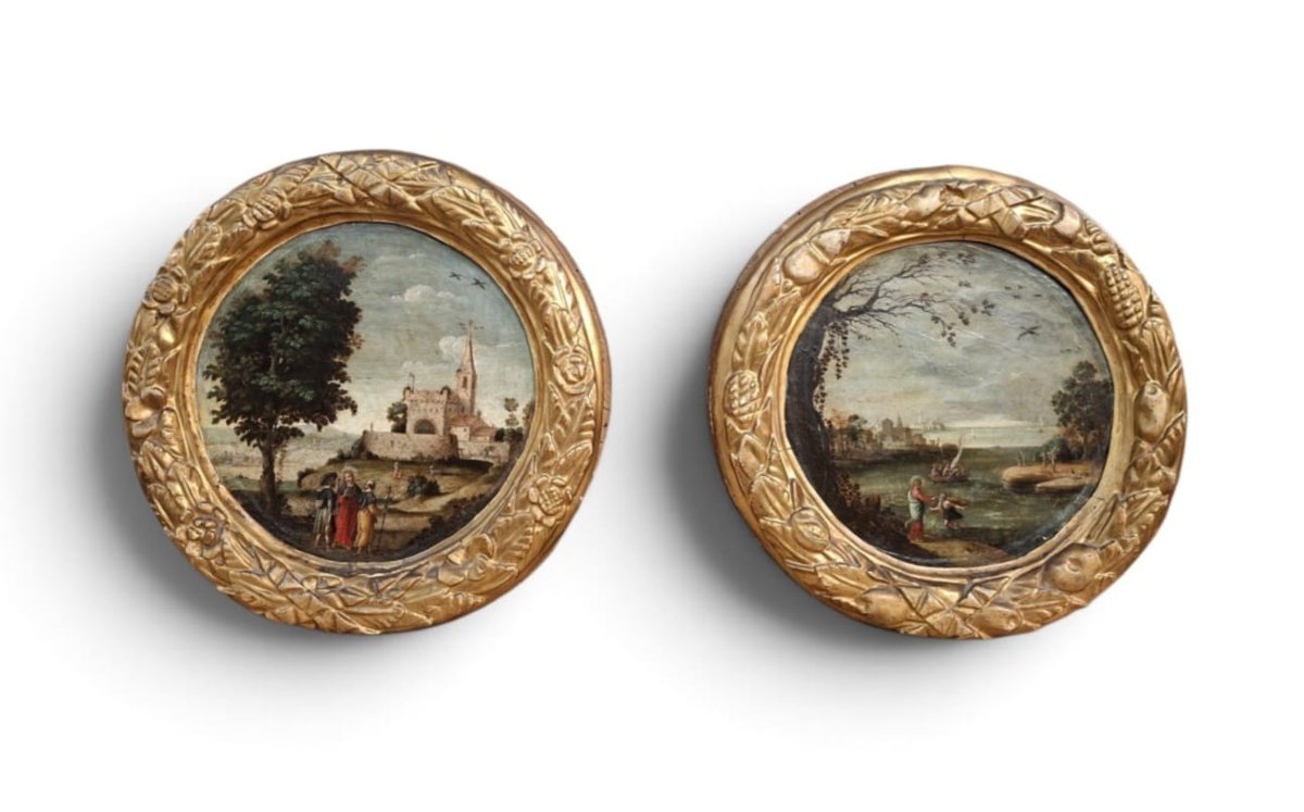 Paire de peintures circulaires sur bois