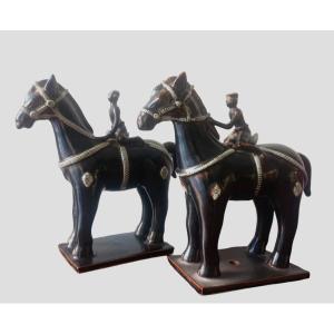 Pair Of Horses With Jockeys In Glazed Ceramic