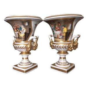 Pair Of Old Paris Porcelain Crater Vases