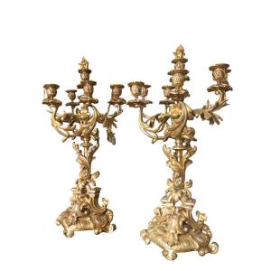 Pair Of Six-flame Gilded Bronze Candelabra