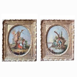 Pair Of Paintings Depicting Animated Scenes