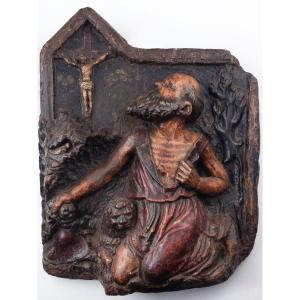 St. Jerome The Penitent, High Relief In Lacquered Wood