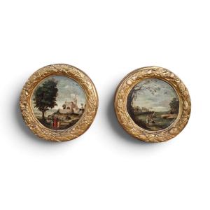 Pair Of Round Paintings On Wood