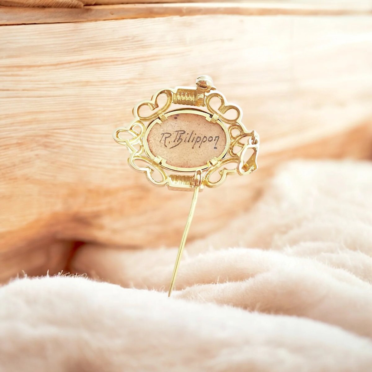 Broche pendentif vintage or 18K, émail Limoges, signé Philippon-photo-3