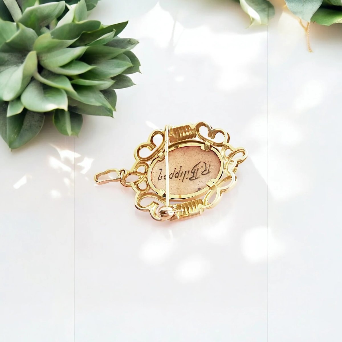 Broche pendentif vintage or 18K, émail Limoges, signé Philippon-photo-4