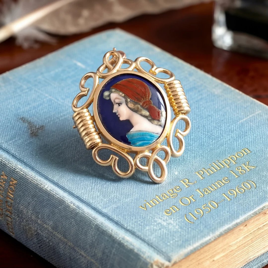 Broche pendentif vintage or 18K, émail Limoges, signé Philippon