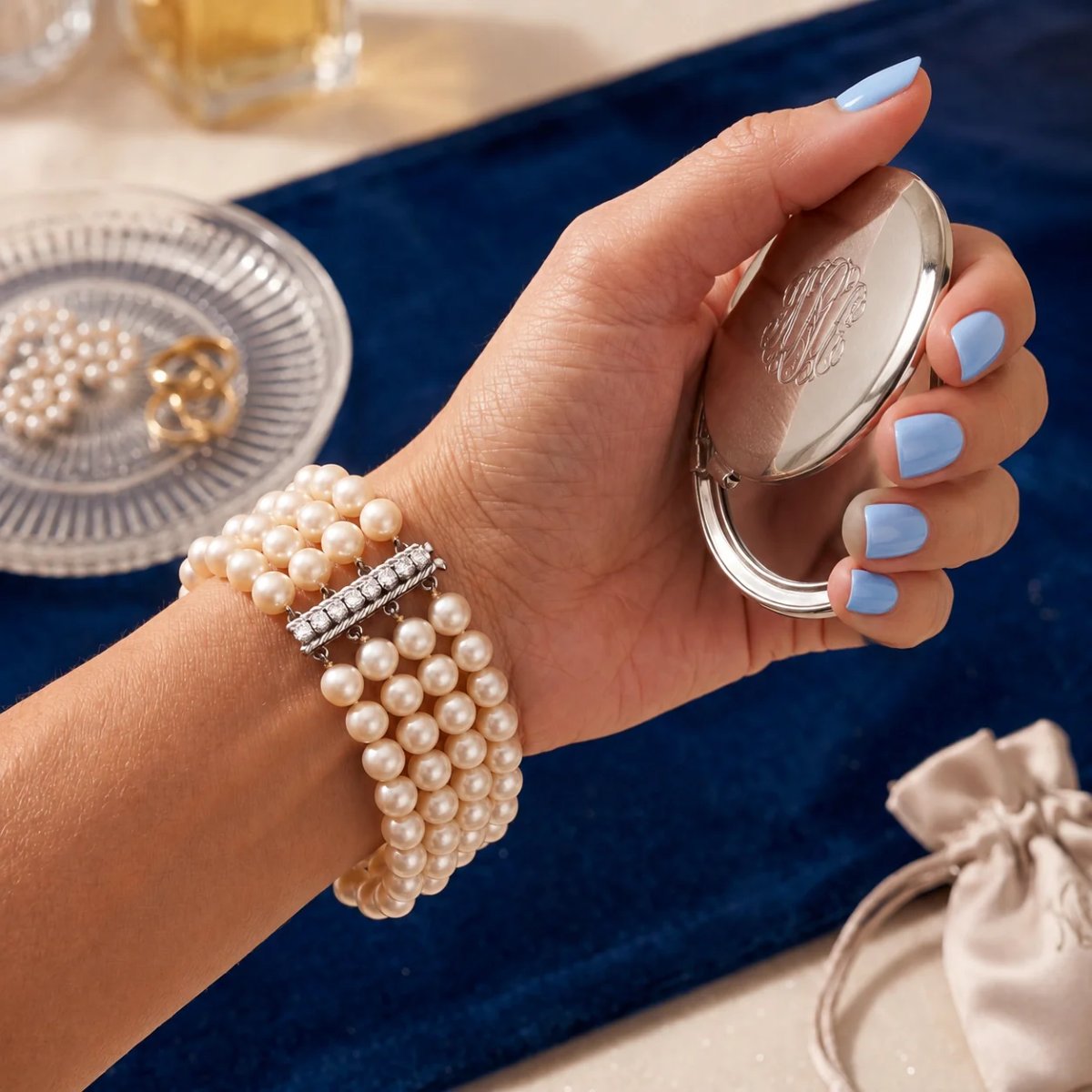 Bracelet vintage 1960, 4 rangs perles de culture et diamants or 18K-photo-5
