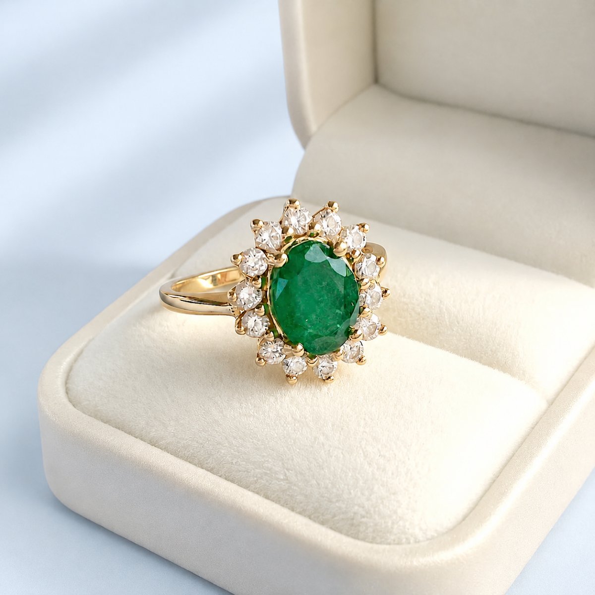18k Yellow Gold Emerald And Diamond Daisy Ring 