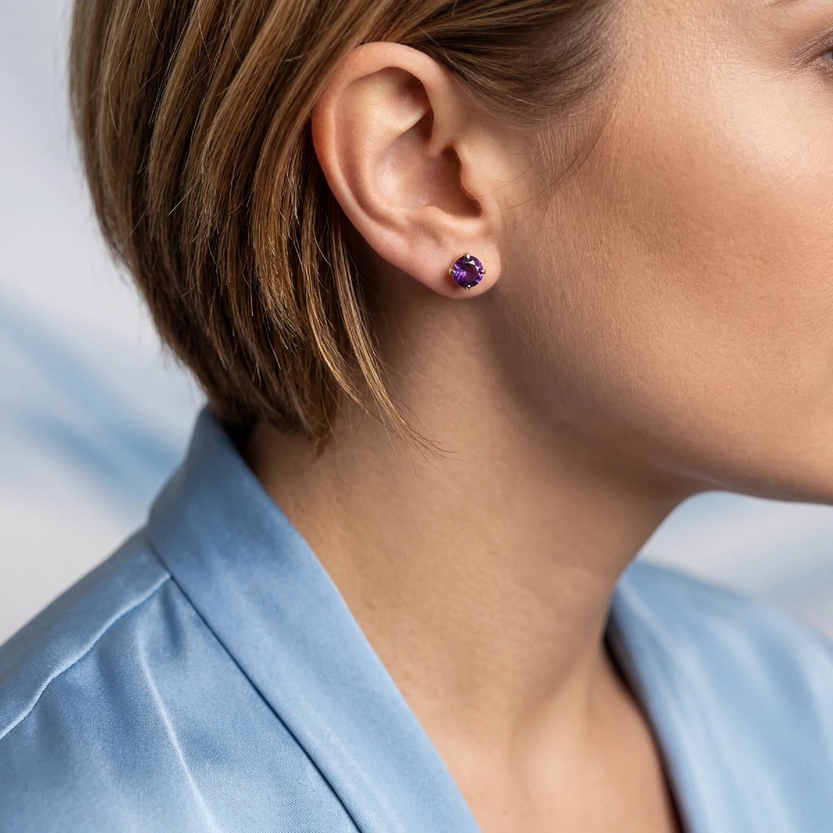 18k Yellow Gold Amethyst Stud Earrings-photo-2