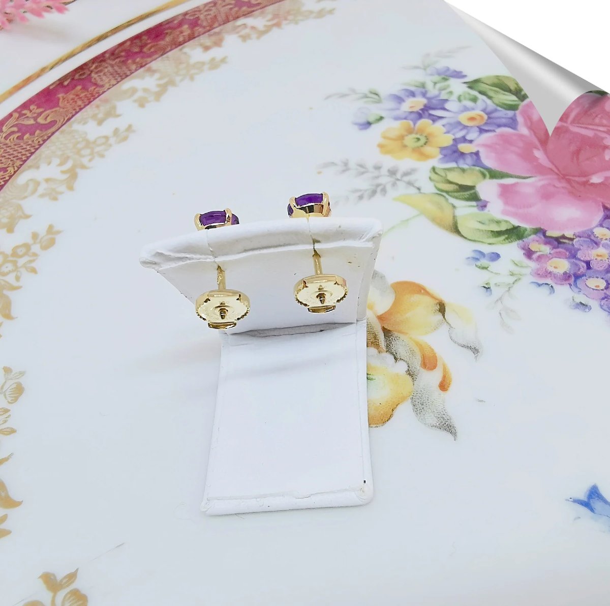18k Yellow Gold Amethyst Stud Earrings-photo-3