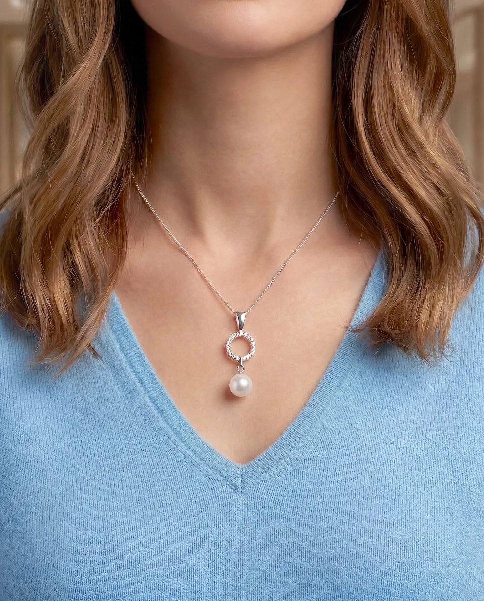 10 Mm Cultured Pearl And Diamond Pendant, 18k White Gold-photo-2