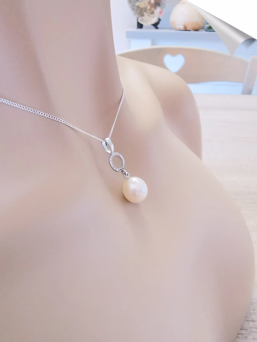 10 Mm Cultured Pearl And Diamond Pendant, 18k White Gold-photo-3