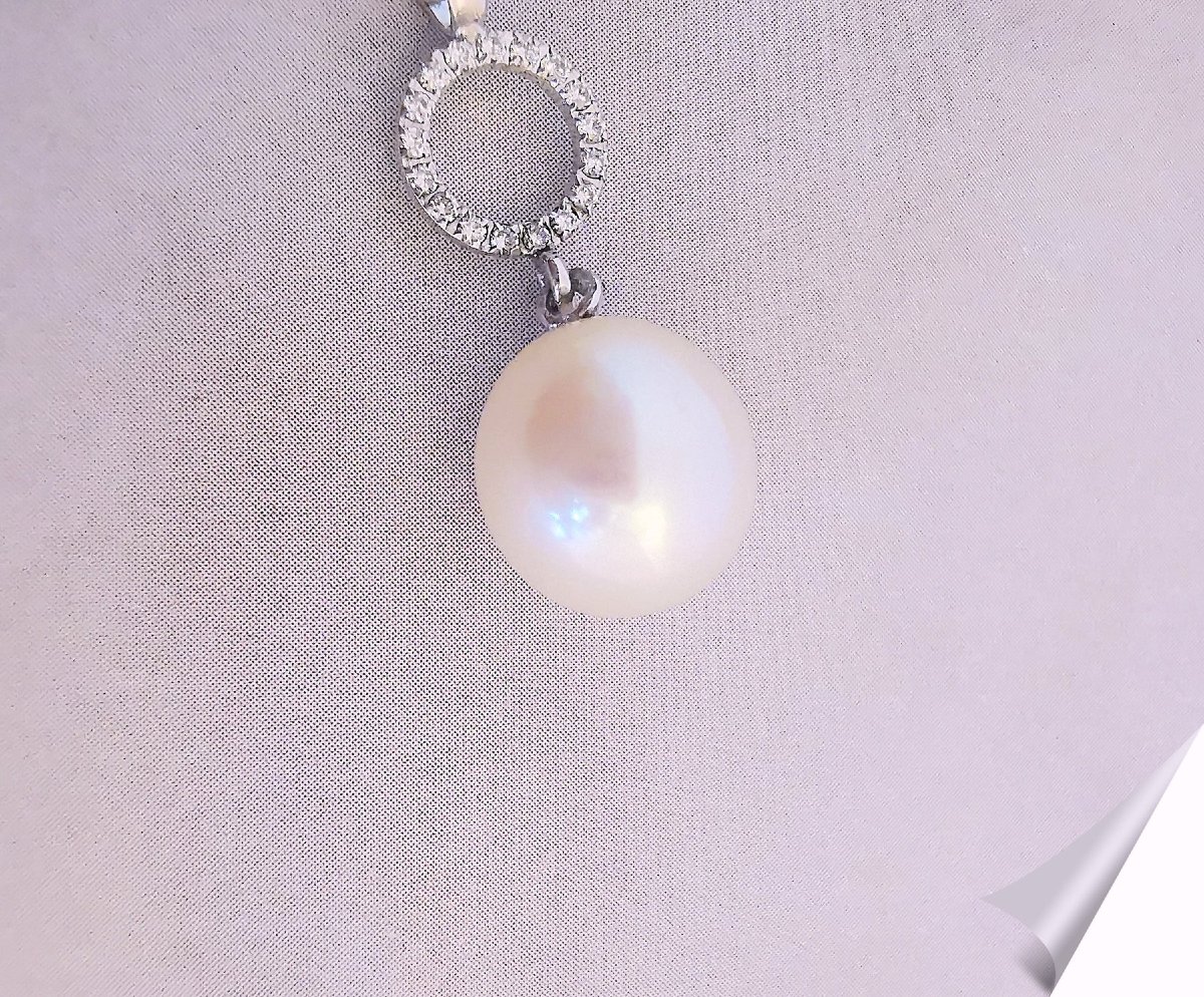 10 Mm Cultured Pearl And Diamond Pendant, 18k White Gold-photo-1