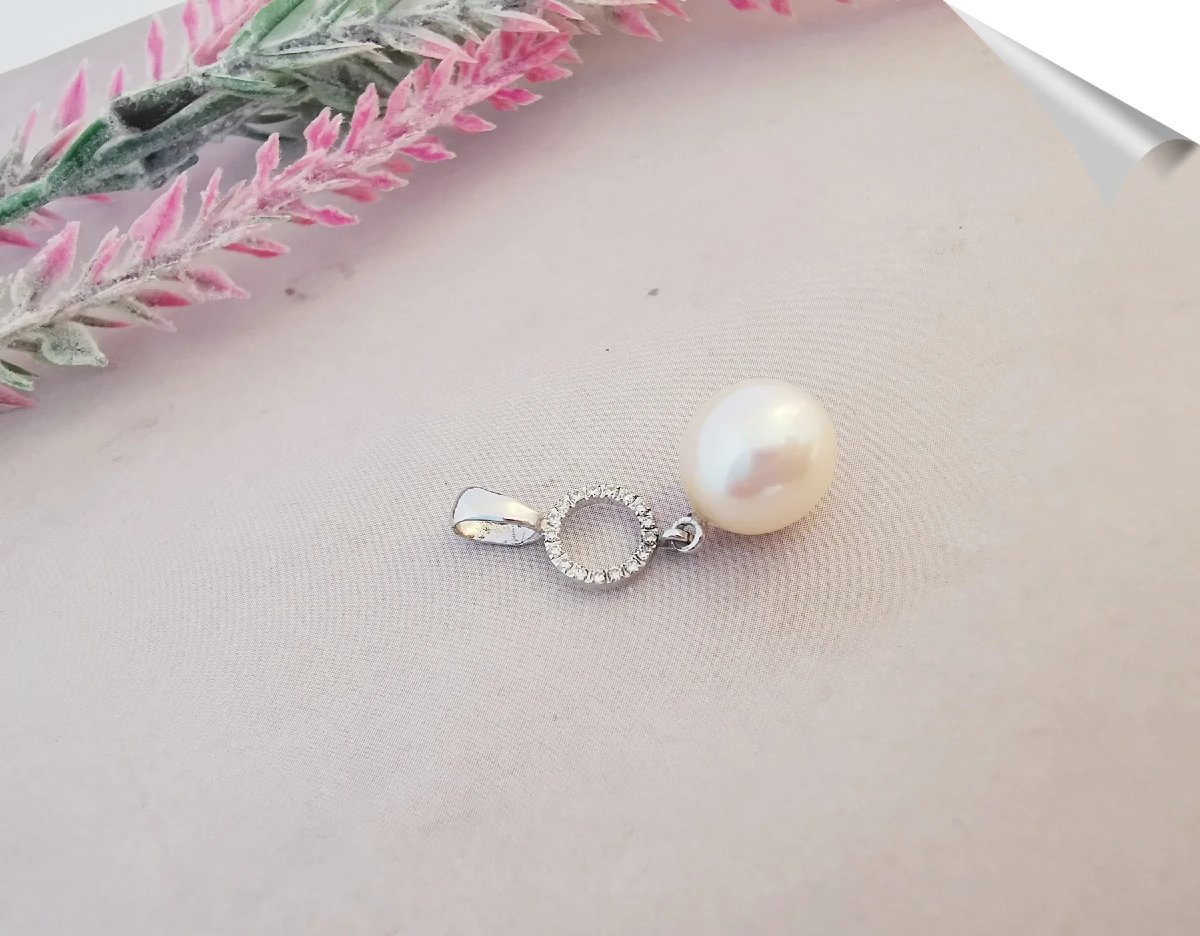 10 Mm Cultured Pearl And Diamond Pendant, 18k White Gold-photo-2