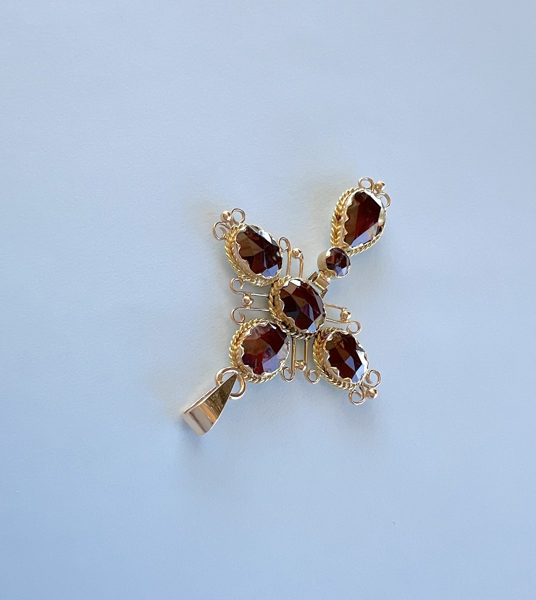 Pendentif Croix Ancienne Grenats de Perpignan — Or Jaune 18K-photo-3