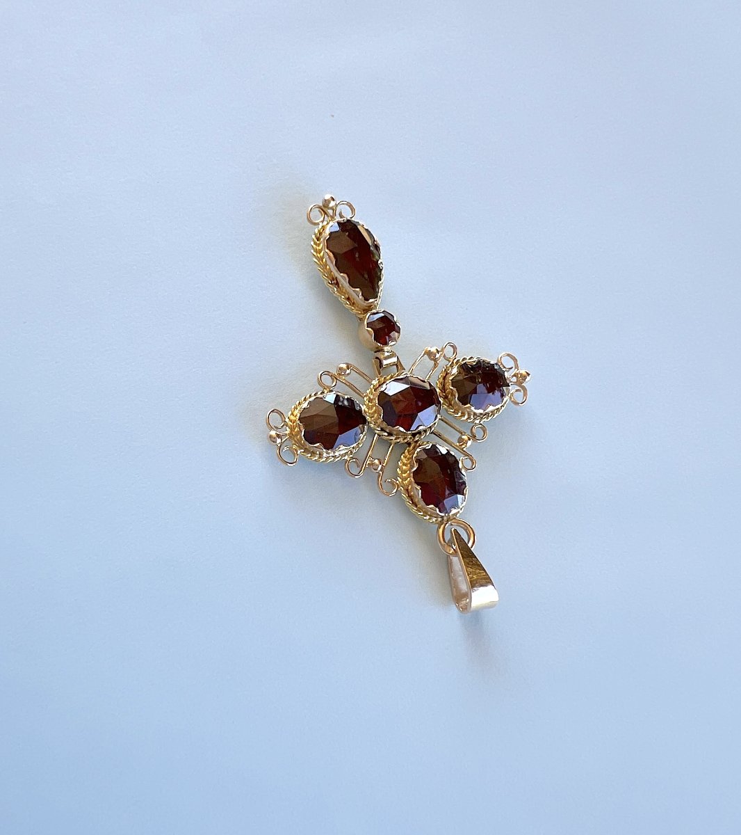 Pendentif Croix Ancienne Grenats de Perpignan — Or Jaune 18K-photo-4