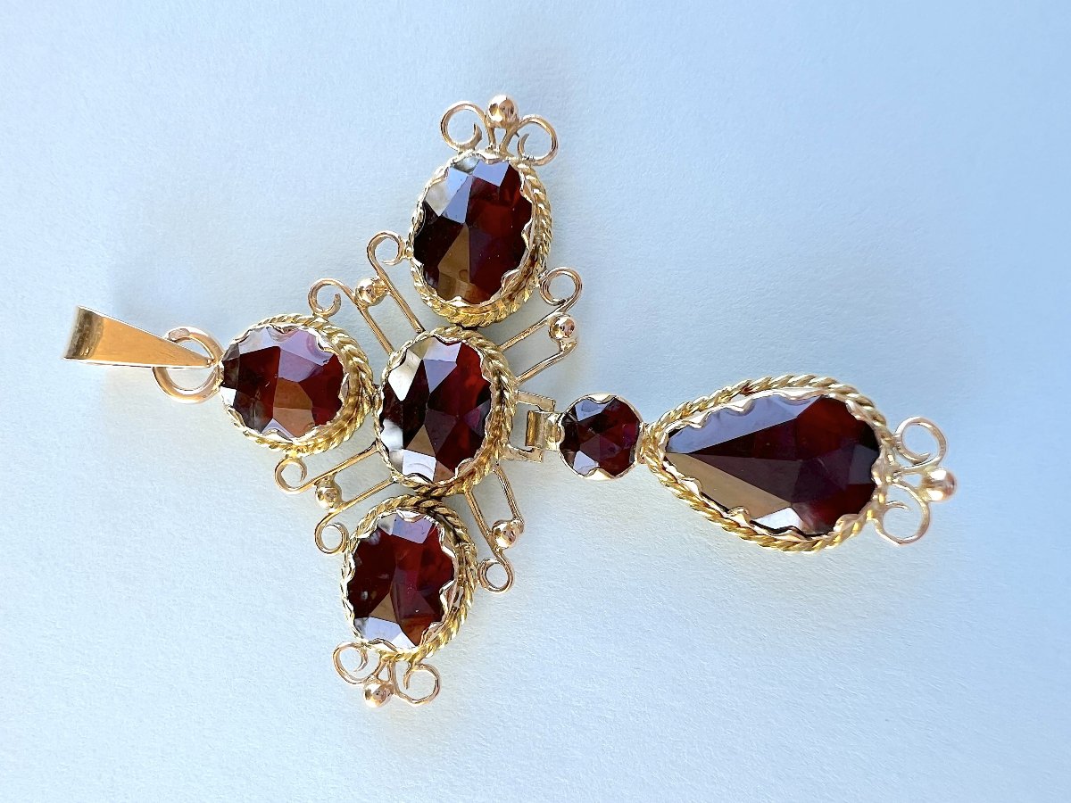 Pendentif Croix Ancienne Grenats de Perpignan — Or Jaune 18K-photo-5