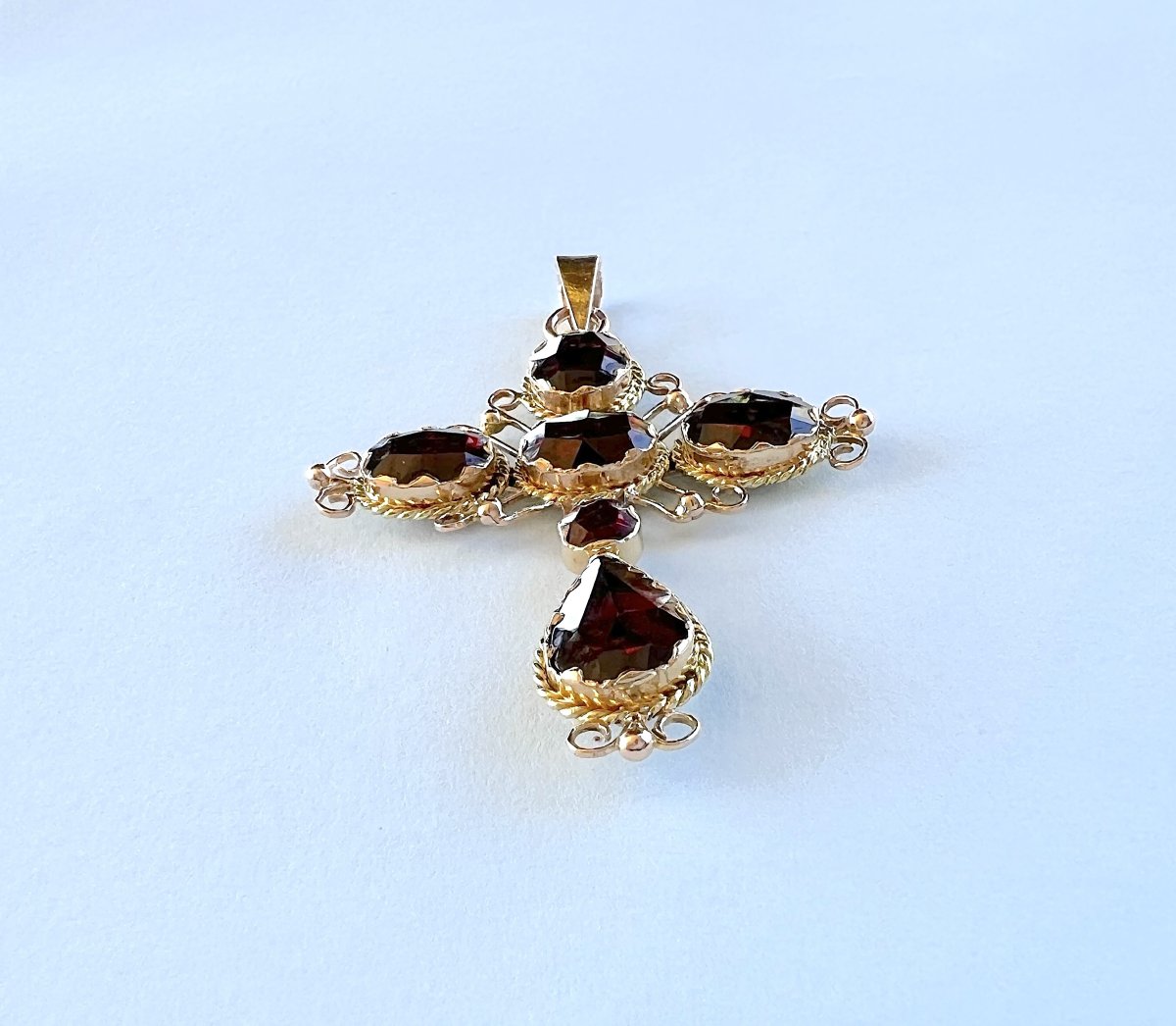 Pendentif Croix Ancienne Grenats de Perpignan — Or Jaune 18K-photo-6