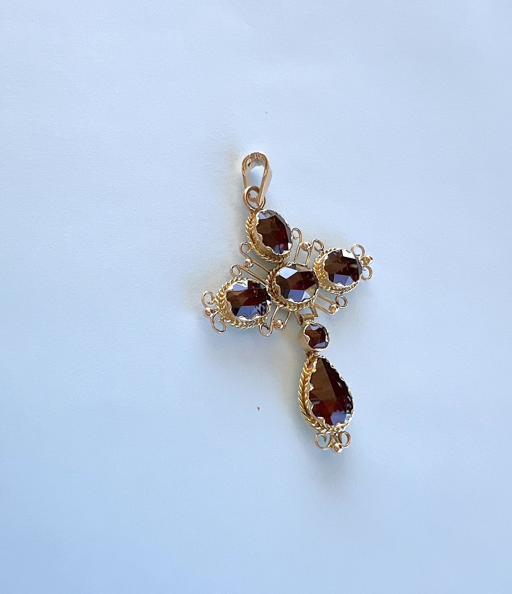 Pendentif Croix Ancienne Grenats de Perpignan — Or Jaune 18K-photo-7