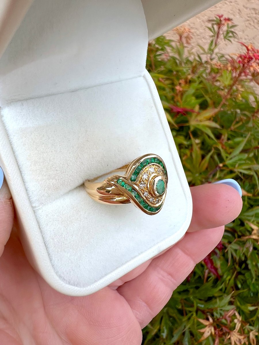 Emerald And Diamond Ring, 18k Yellow Gold, Pre-owned Jewelry-photo-2