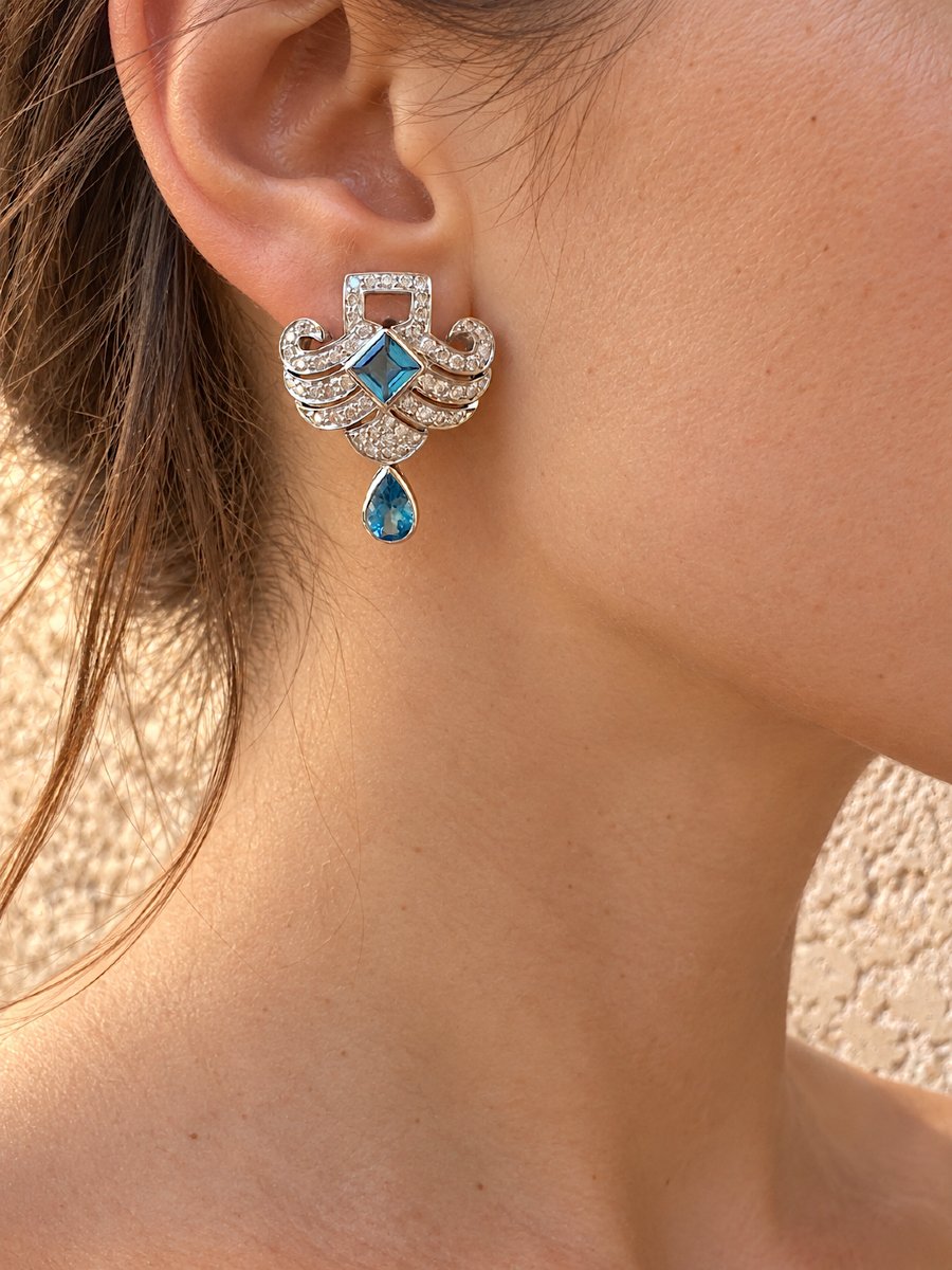 18k White Gold Earrings With Blue Topaz And Diamonds-photo-2