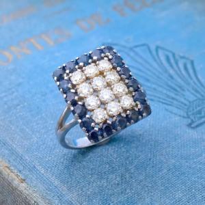 Vintage Ring From The 1970s–1980s With Sapphires, Diamonds, And 18k White Gold