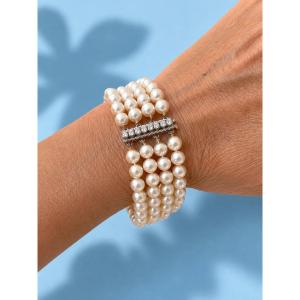 Vintage Bracelet From The 1960s, 4 Rows Of Cultured Pearls And Diamonds, 18k Gold
