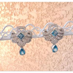 18k White Gold Earrings With Blue Topaz And Diamonds