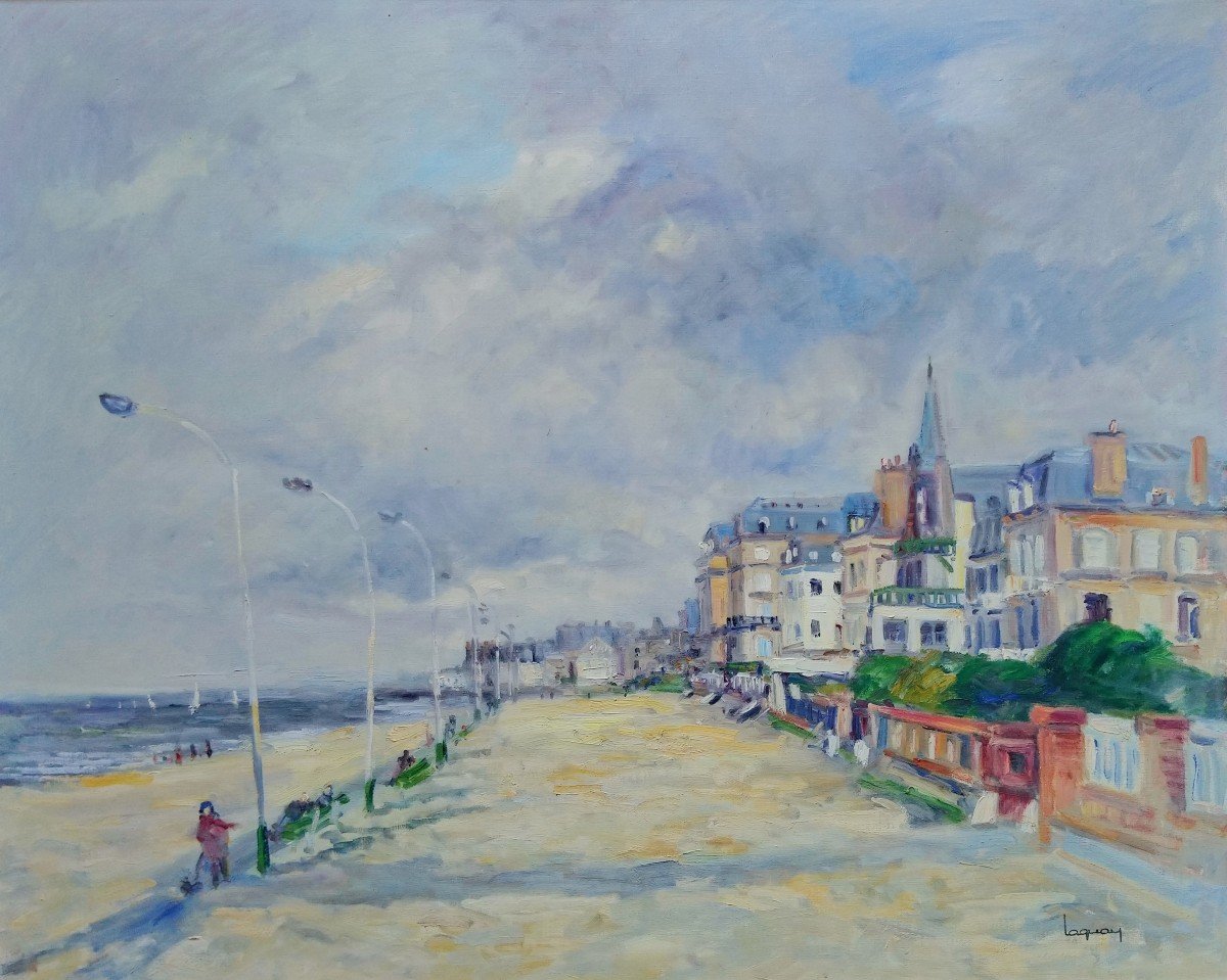 Marcel Laquay (1925-2014), Grande Huile/toile d'origine, signée - Trouville, Mer, Plage, Bateau-photo-2