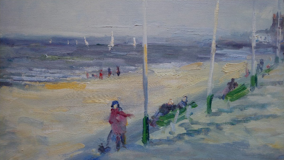 Marcel Laquay (1925-2014), Large Signed French Oil/canvas - Trouville, Sea, Beach, Boat-photo-2