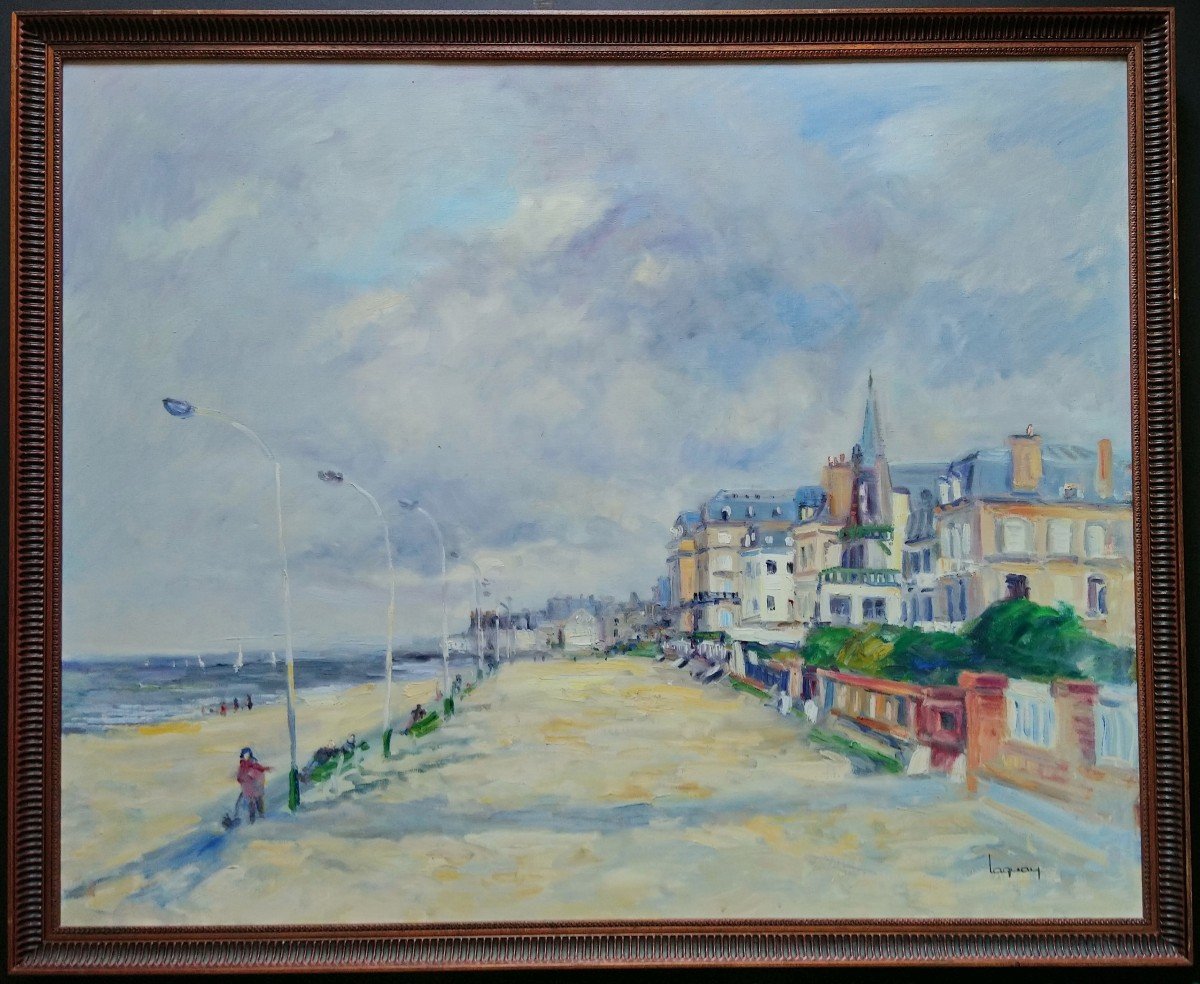 Marcel Laquay (1925-2014), Grande Huile/toile d'origine, signée - Trouville, Mer, Plage, Bateau