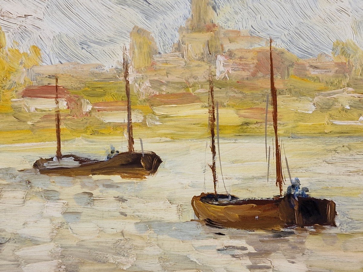 Paul Flaubert (1928-1994) Signed French Orig Oil/board - Seine, Boat, Rouen, Normandy-photo-4