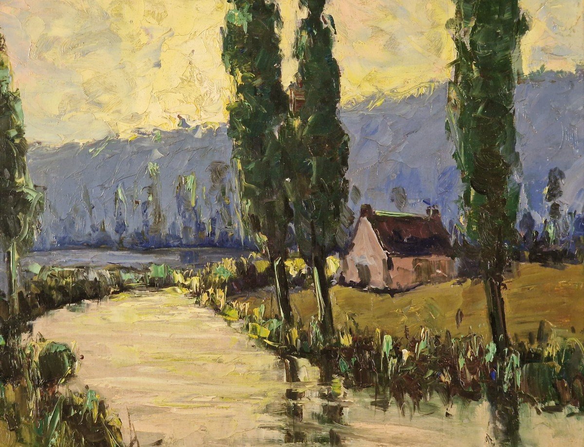 Gabriel Deschamps (1919-2011) Signed French Orig Oil/board - Landscape, River, House-photo-3