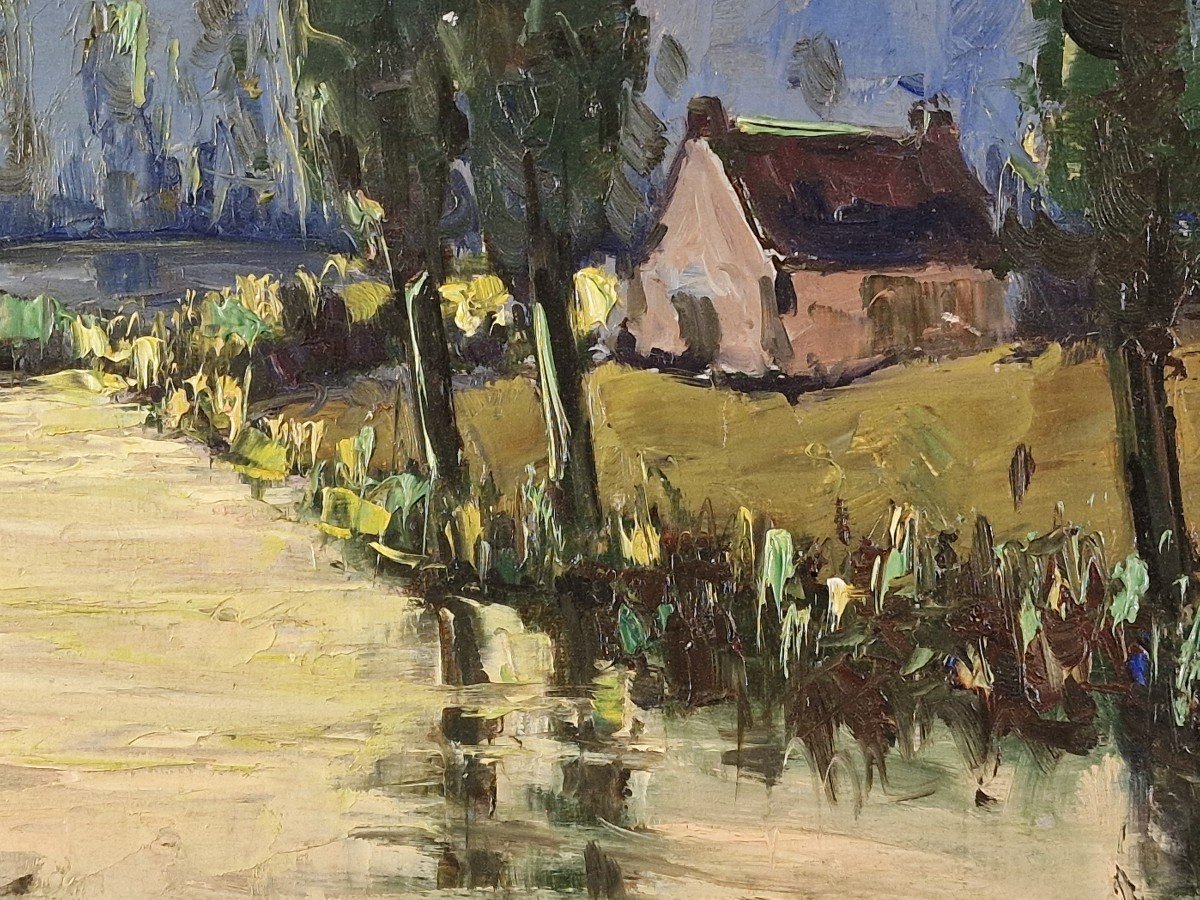 Gabriel Deschamps (1919-2011) Signed French Orig Oil/board - Landscape, River, House-photo-1