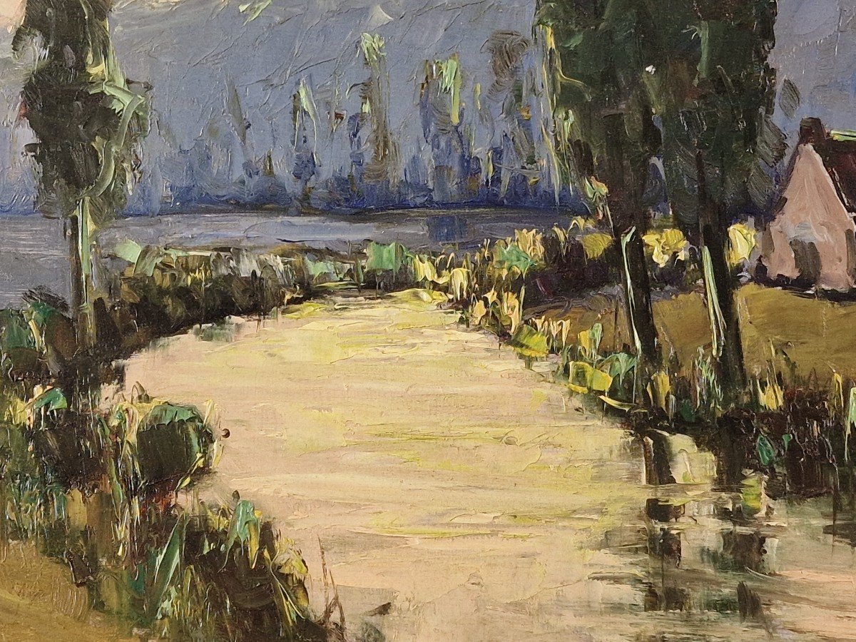 Gabriel Deschamps (1919-2011) Signed French Orig Oil/board - Landscape, River, House-photo-2